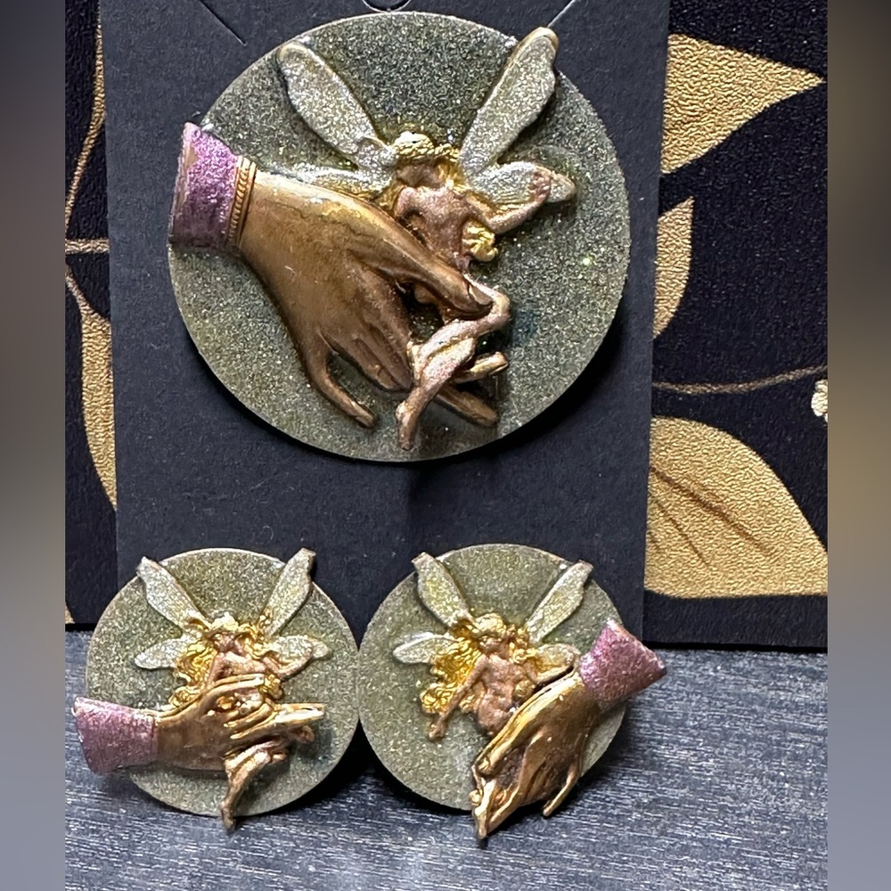 Artistic Handcrafted Brooch and Clip-on Earring Set with Fairy